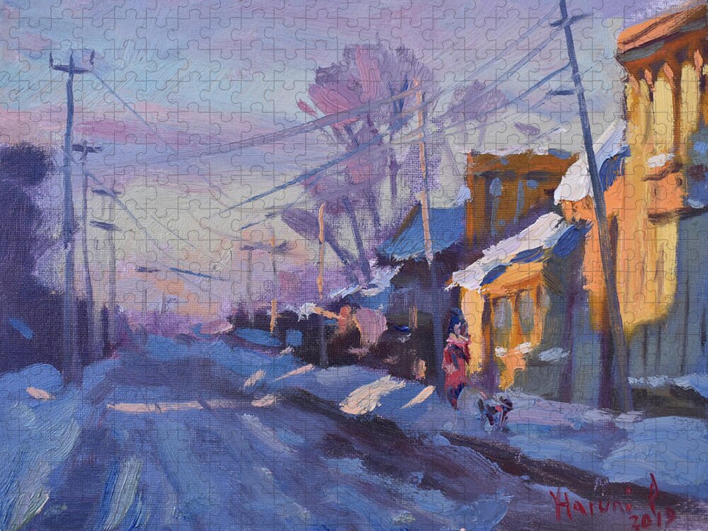Snow Jigsaw Puzzle featuring the painting Sunset in a snowy street by Ylli Haruni