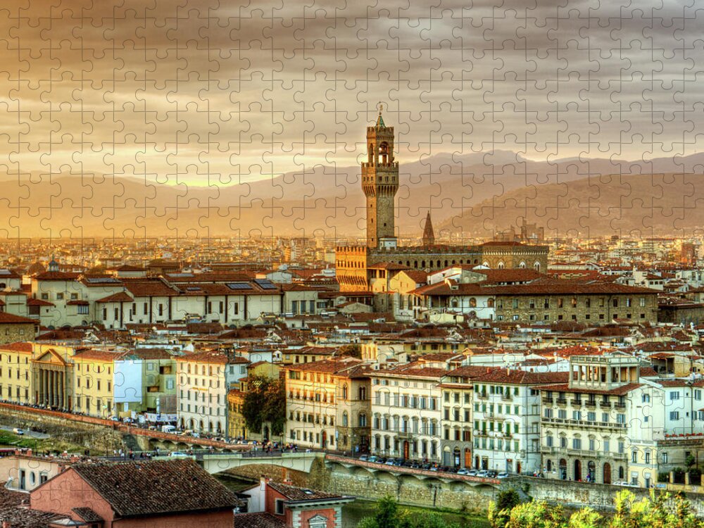 Florence Jigsaw Puzzle featuring the photograph Sunset in Florence Triptych 2 - Palazzo Vecchio by Weston Westmoreland