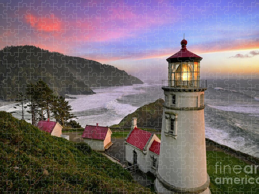 Oregon Jigsaw Puzzle featuring the photograph Sunset at Heceta Head Lighthouse on Oregon Coast by Tom Schwabel