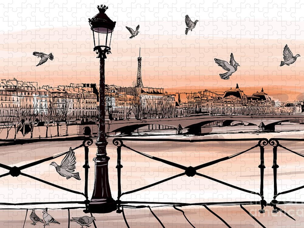 Romance Jigsaw Puzzle featuring the digital art Sunset On Seine River From Pont Des by Isaxar