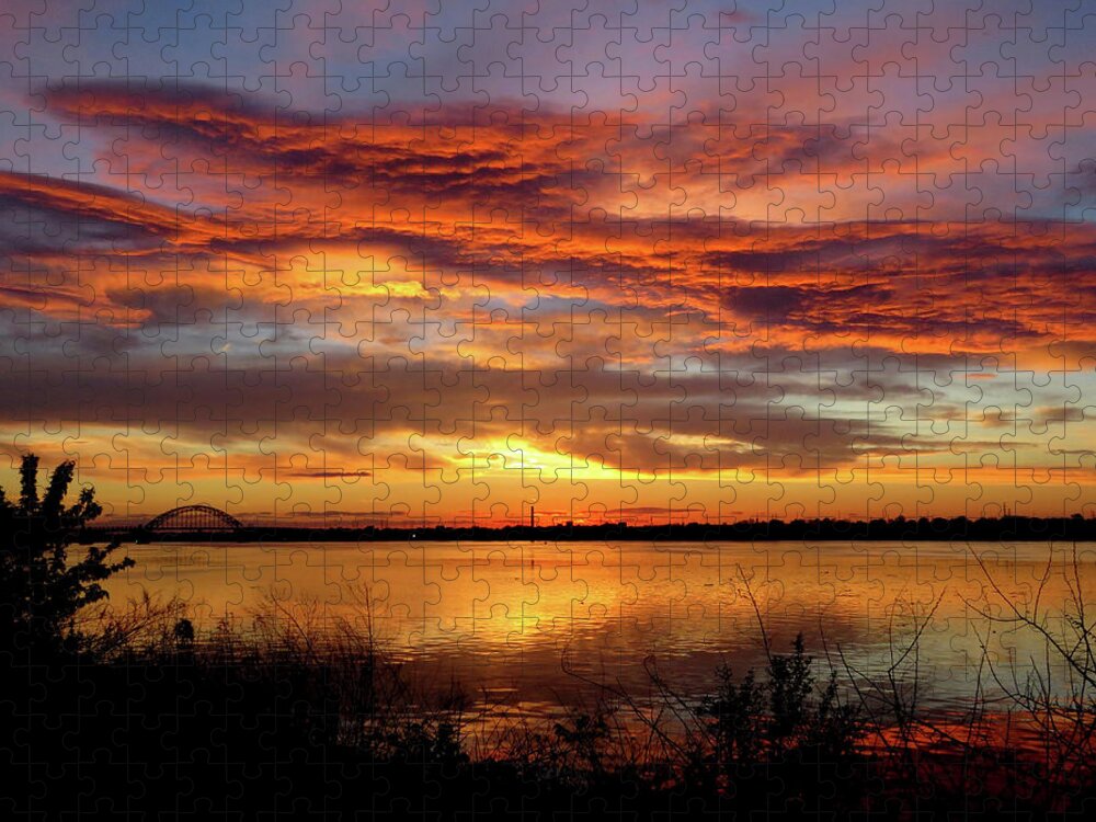 Sunset Jigsaw Puzzle featuring the photograph Sunset on the Delaware No. One by Linda Stern