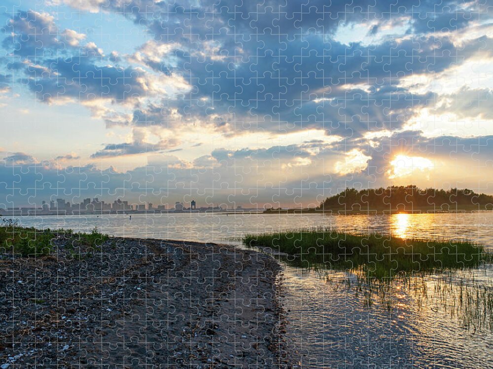 Winthrop Jigsaw Puzzle featuring the photograph Sunset over Snake Island in Winthrop MA from Coughlin Park Green Grass Boston Skyline by Toby McGuire