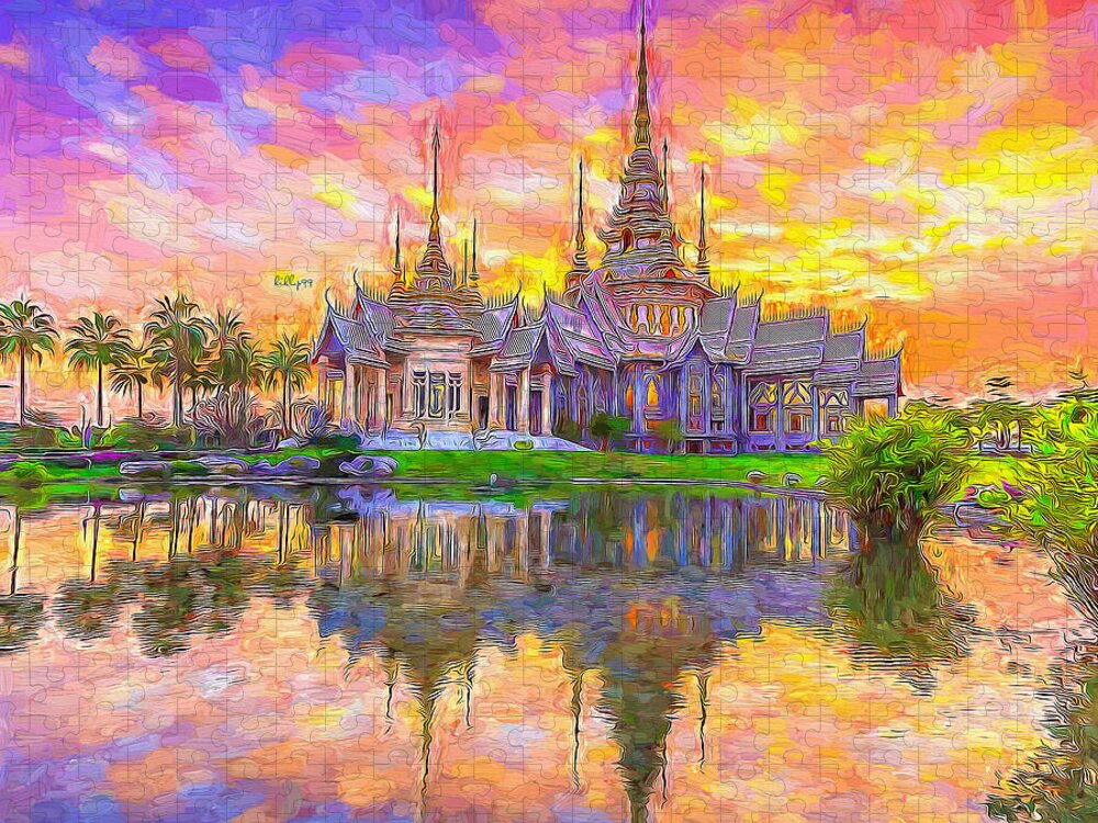 Paint Jigsaw Puzzle featuring the painting Sunset over temple 2 by Nenad Vasic