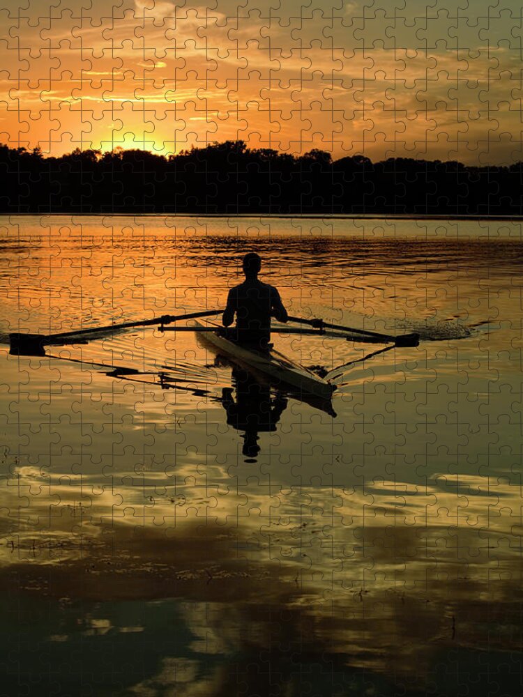 Young Men Jigsaw Puzzle featuring the photograph Sunset Sculling In Minneapolis Minnesota by Yinyang