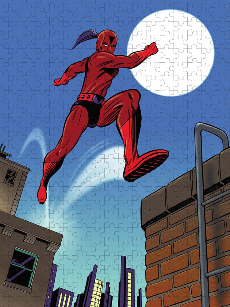 One Man Only Jigsaw Puzzle featuring the digital art Super Hero Leaping From Building by Peter Richardson