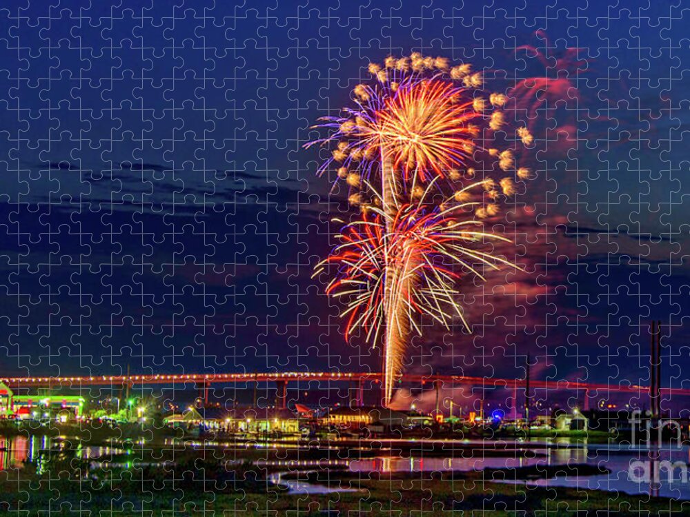 Surf City Jigsaw Puzzle featuring the photograph Surf City Fireworks 2019-3 by DJA Images