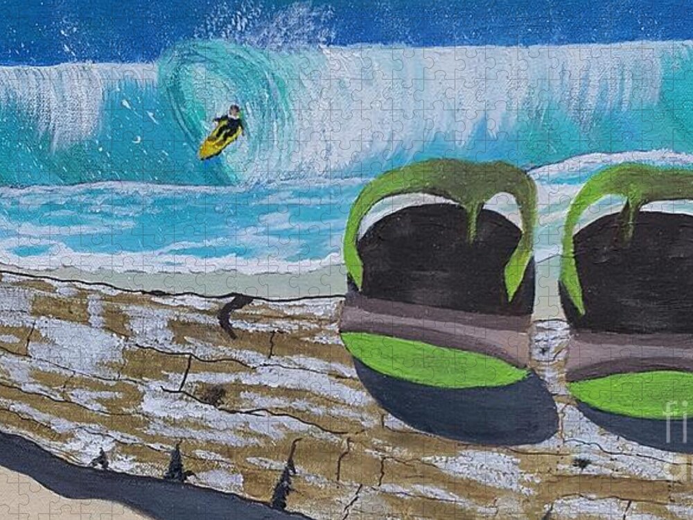 Surf's Up Jigsaw Puzzle featuring the painting Surf's Up, Sandals Down by Elizabeth Dale Mauldin