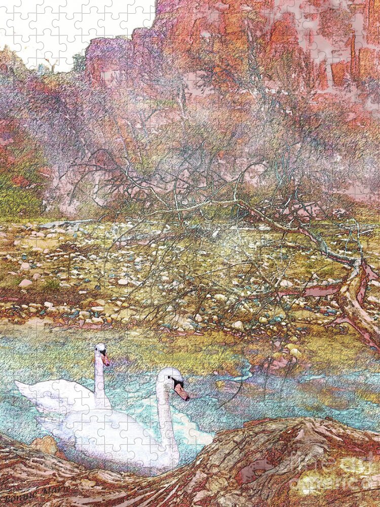 Swans Jigsaw Puzzle featuring the mixed media Swans in a Mist in Spring by Bonnie Marie