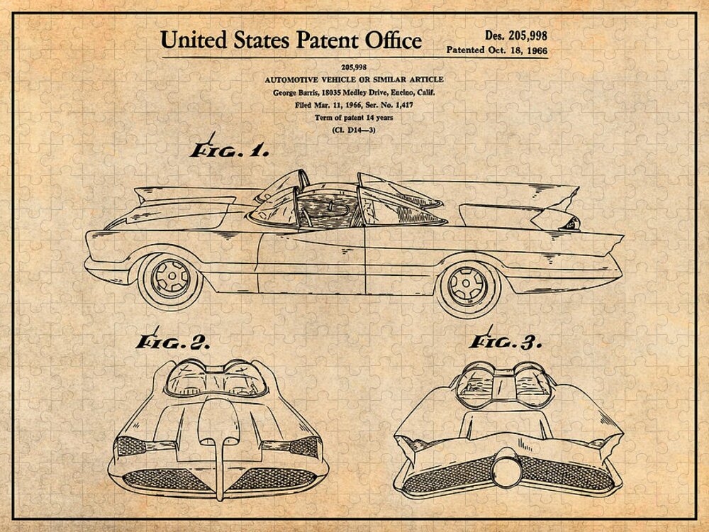 1966 George Barris Batmobile Patent Print Jigsaw Puzzle featuring the drawing 1966 George Barris Batmobile Antique Paper Patent Print by Greg Edwards