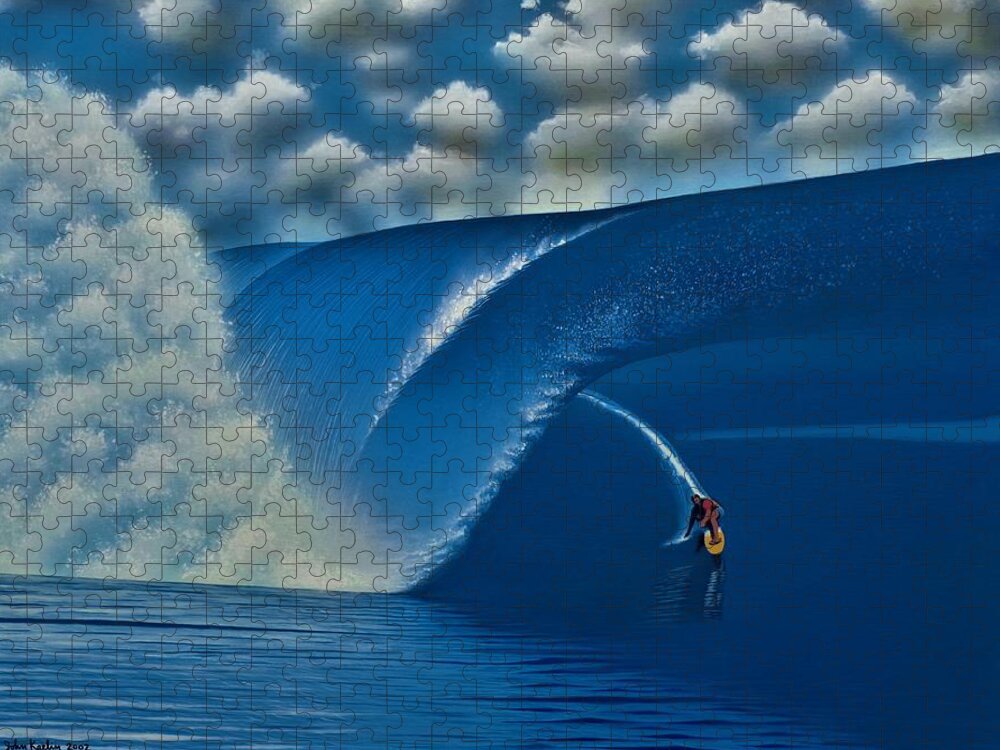 Surfing Jigsaw Puzzle featuring the painting Teahupoo Tahiti 2000 by John Kaelin