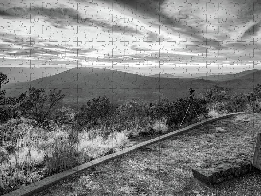 America Jigsaw Puzzle featuring the photograph Talimena Scenic Byway Overlook - Oklahoma Ouachita Mountain Landscape BW by Gregory Ballos