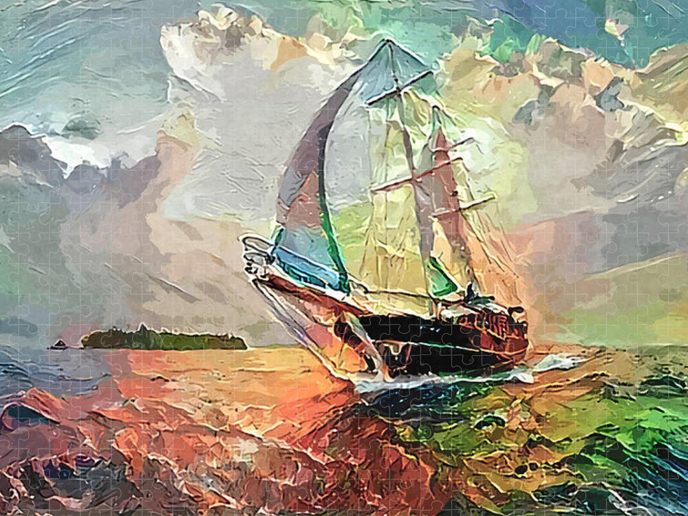 Tall Ship Jigsaw Puzzle featuring the photograph Tall Ship Sails Toward Shore Abstract Painted Digitally by Sandi OReilly