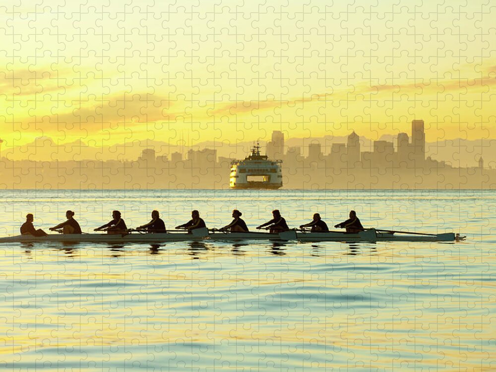 Sport Rowing Jigsaw Puzzle featuring the photograph Team Rowing Boat In Bay by Pete Saloutos