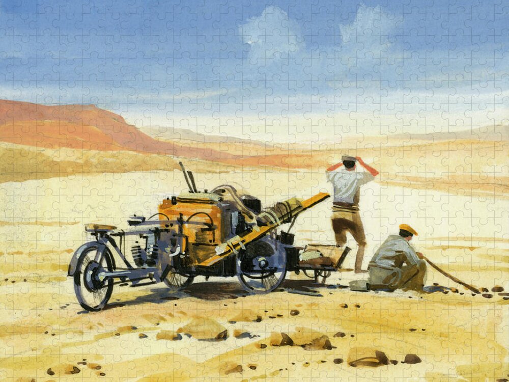 Motor; Early; Car; Driving; Paris; Adventure; Race; Automobiles; Peking; Motoring; Drivers; Scipione Borghese; Charles Godard; Georges Cormier; Victor Collignon; Auguste Pons Jigsaw Puzzle featuring the painting Ten thousand mile motor race in the desert by Ferdinando Tacconi