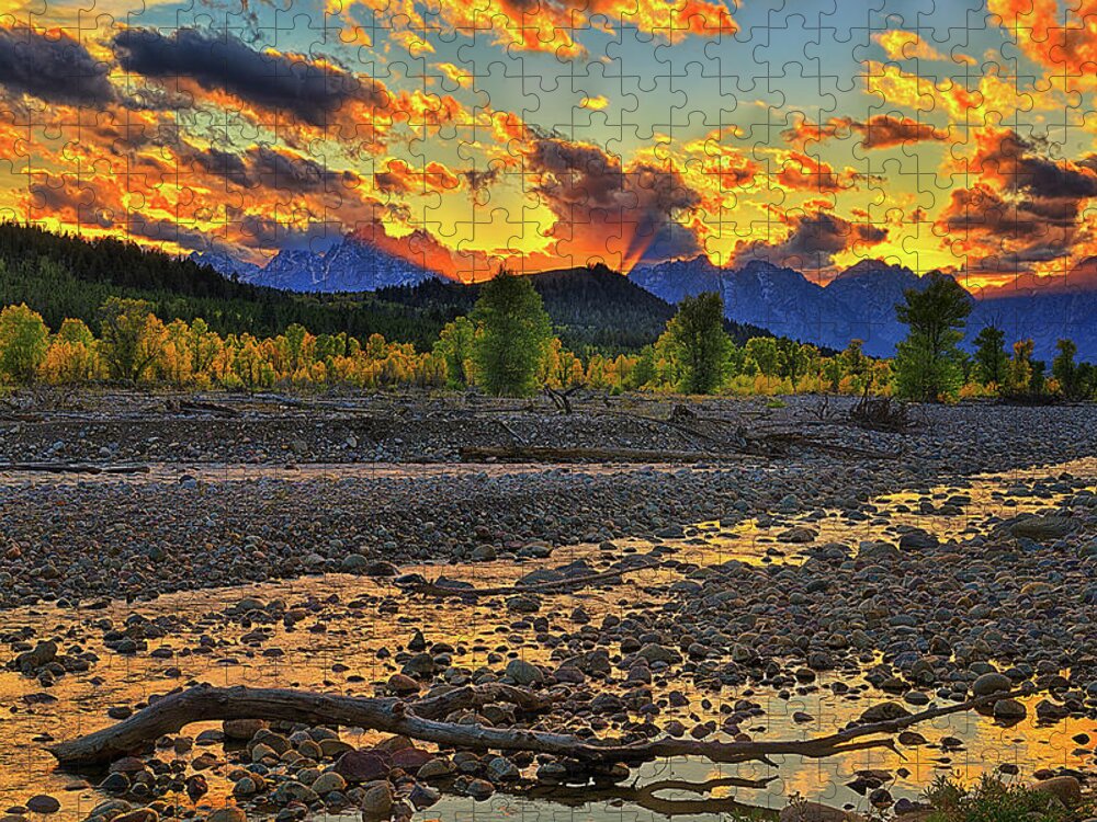 Grand Teton National Park Jigsaw Puzzle featuring the photograph Teton Autumn Sunset Along Spread Creek by Greg Norrell
