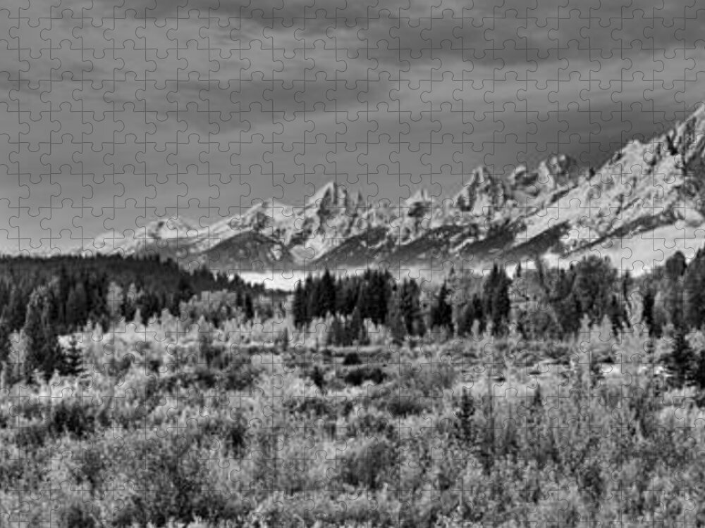Pacific Creek Jigsaw Puzzle featuring the photograph Teton Pacific Creek Alpenglow Panorama Black And White by Adam Jewell