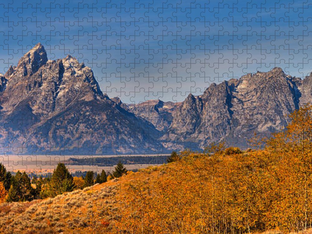 Grand Teton Jigsaw Puzzle featuring the photograph Tetons Over The Golden Aspens Panorama by Adam Jewell