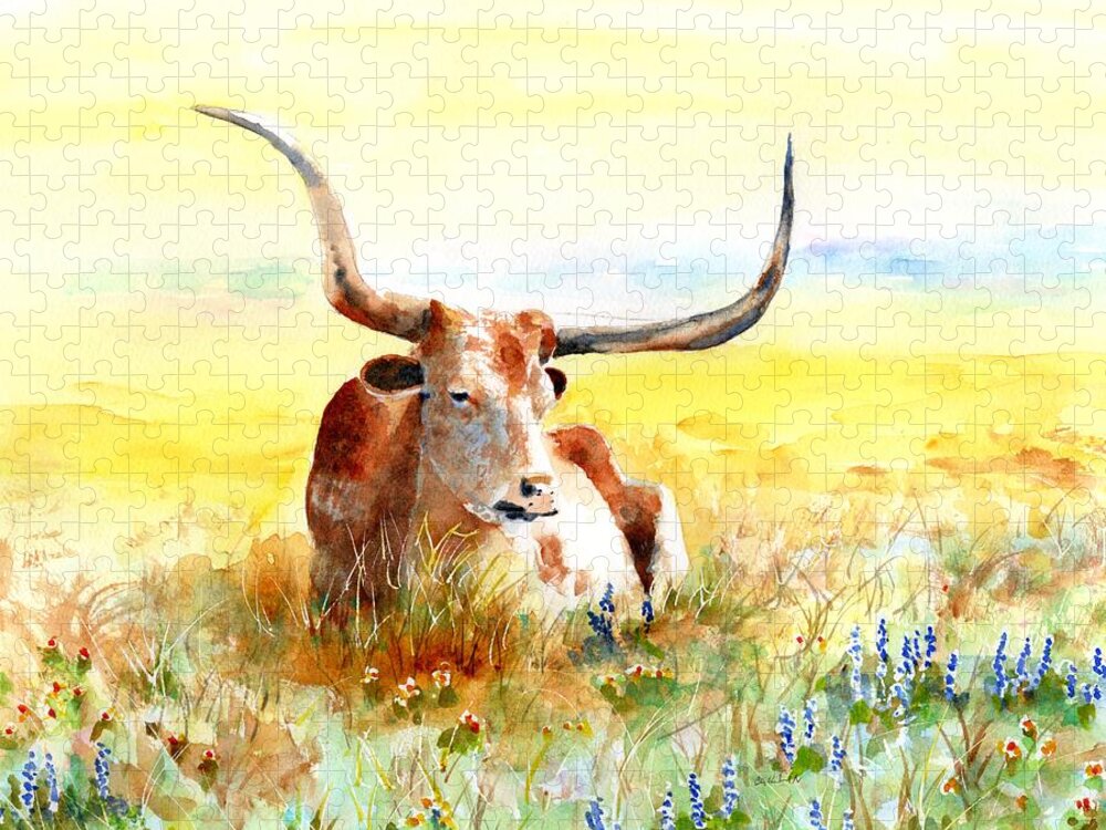 Longhorn Jigsaw Puzzle featuring the painting Texas Longhorn, Bluebonnets and Sunshine by Carlin Blahnik CarlinArtWatercolor