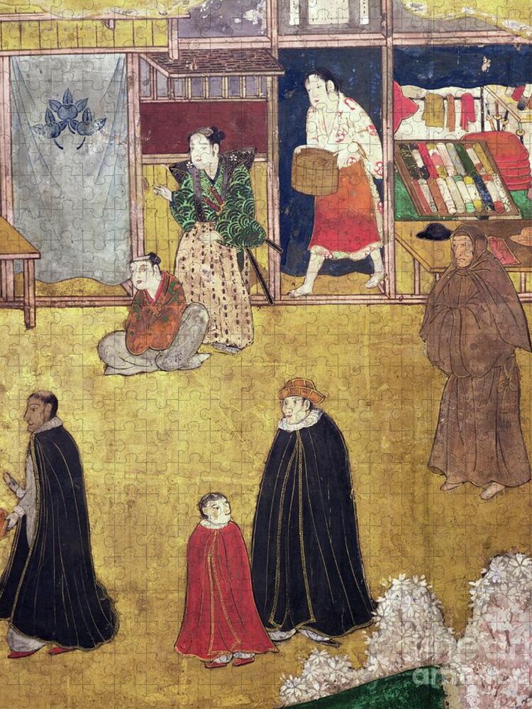 Everyday Life Jigsaw Puzzle featuring the painting The Arrival Of The Portuguese In Japan, Detail Of Shops From A Namban Byobu Screen, 1594-1618 by Japanese School