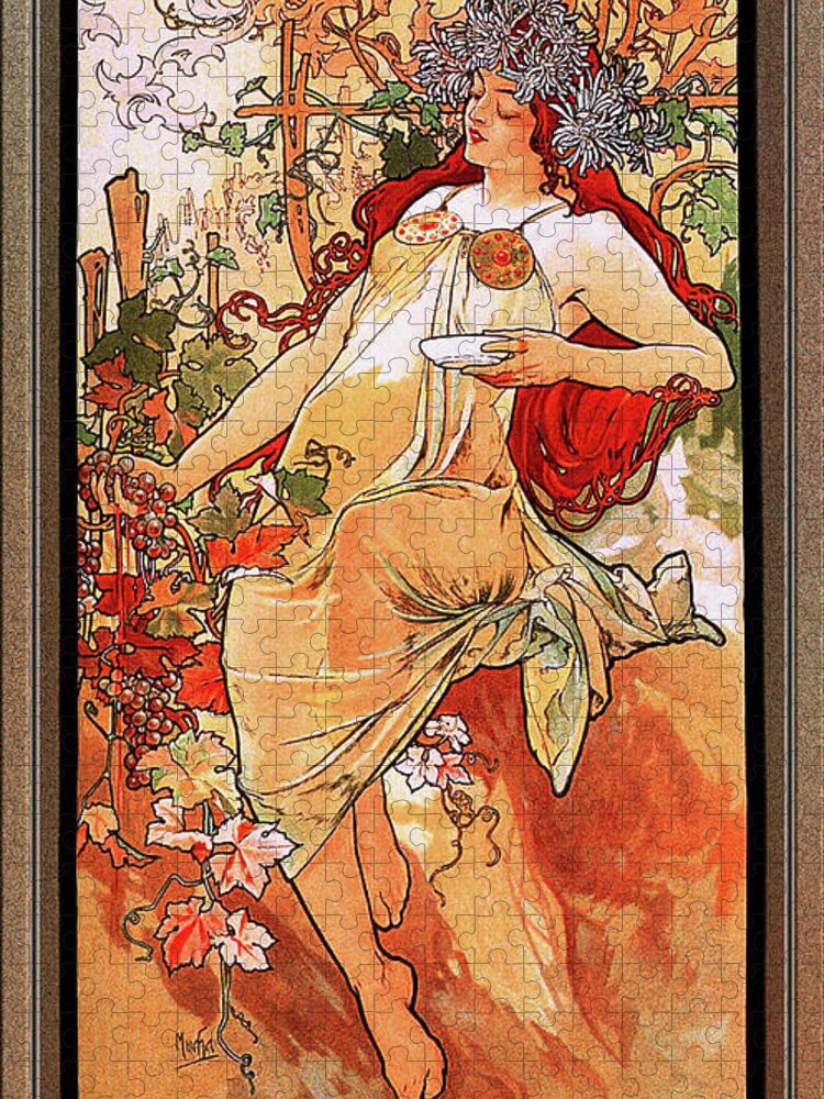 The Autumn Jigsaw Puzzle featuring the painting The Autumn by Alphonse Mucha by Rolando Burbon