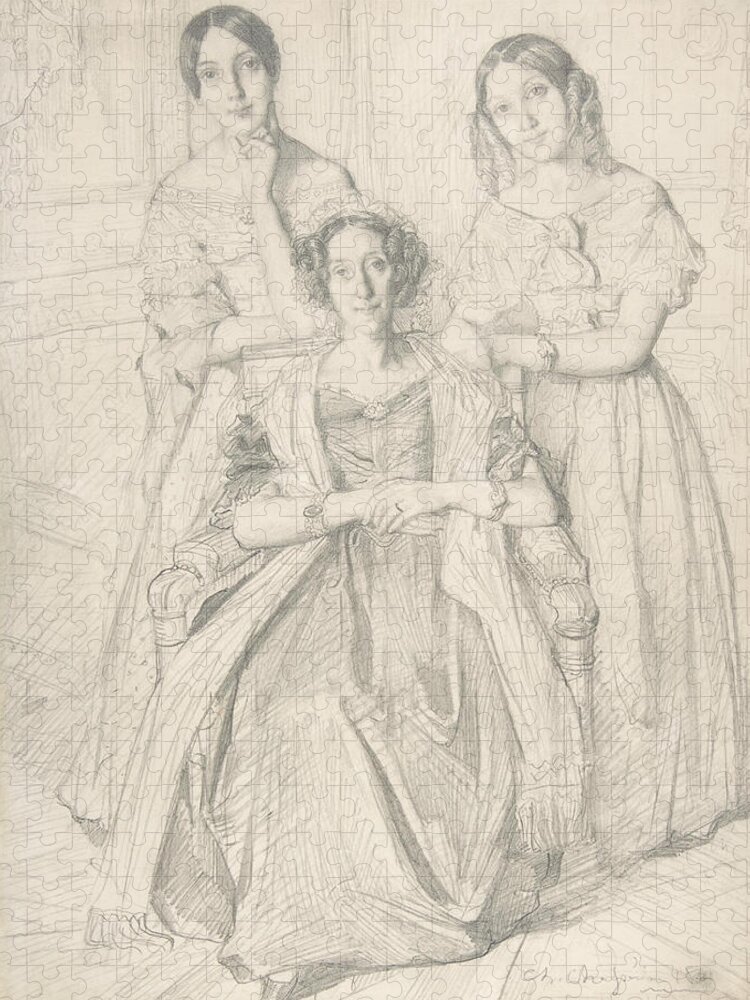 19th Century Art Jigsaw Puzzle featuring the drawing The Baroness Duperre and Her Daughters by Theodore Chasseriau