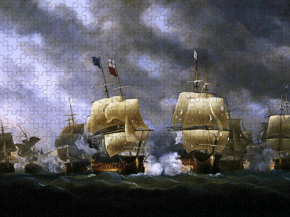 Battle Quiberon Bay Jigsaw Puzzle featuring the painting The Battle of Quiberon Bay by Nicholas Pocock by Rolando Burbon