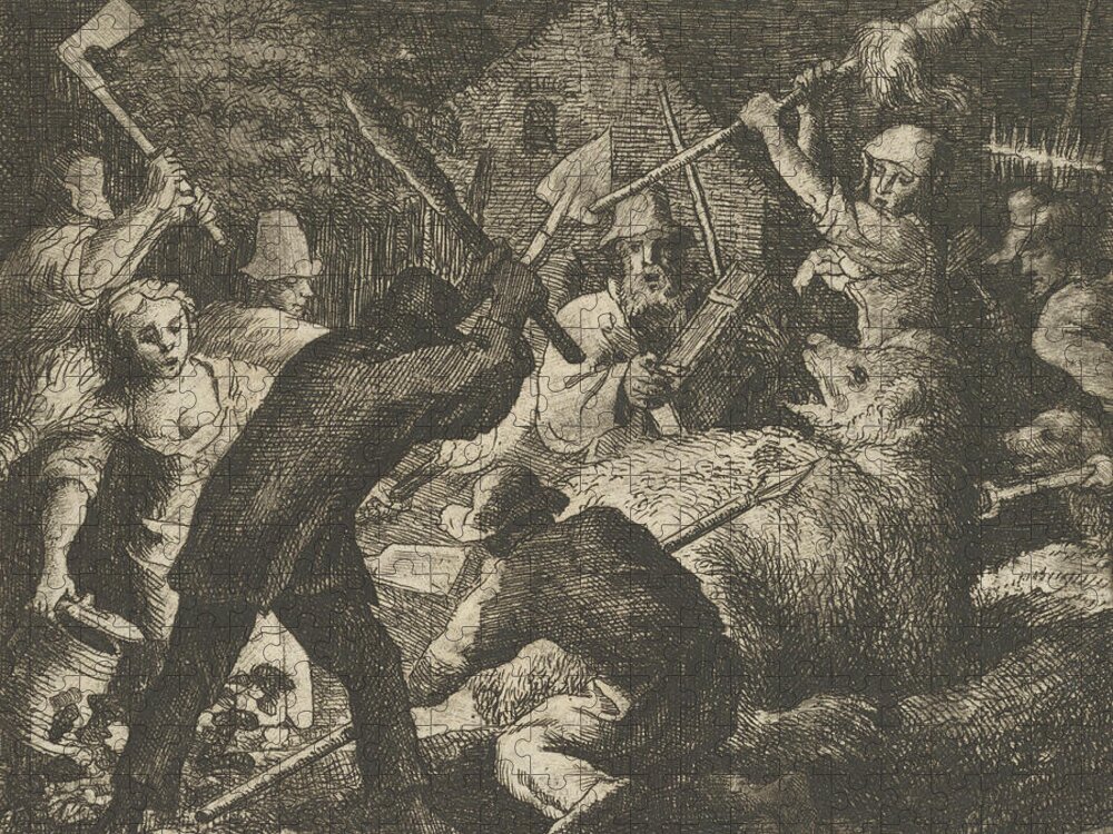 17th Century Art Jigsaw Puzzle featuring the relief The Bear is Attacked by the Peasants by Allaert van Everdingen