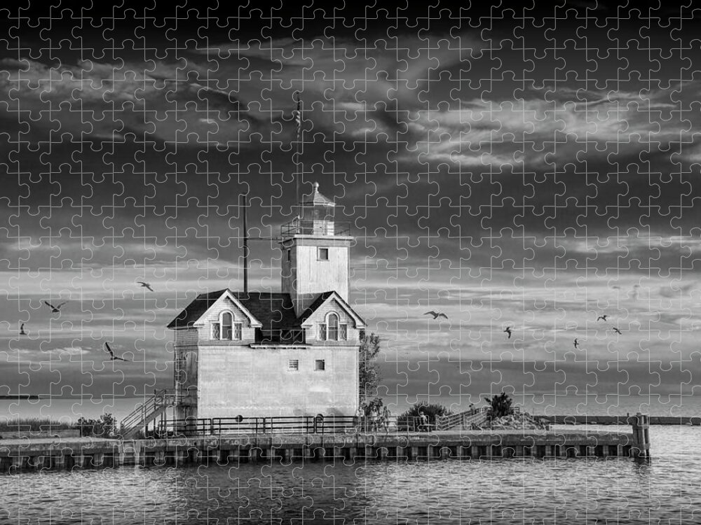 Art Jigsaw Puzzle featuring the photograph The Big Red Lighthouse in Black and White at Sunset on Lake Mich by Randall Nyhof