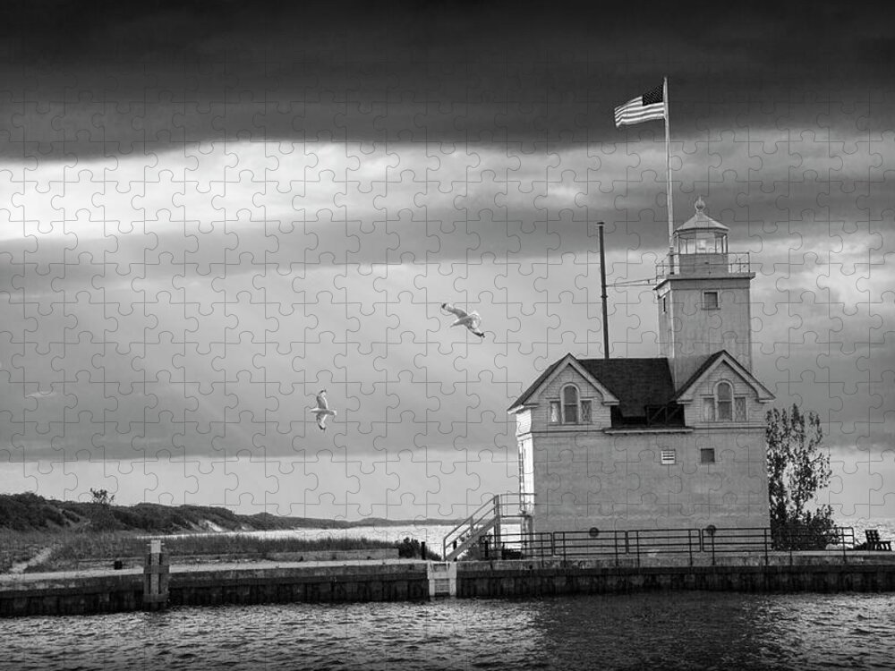 Art Jigsaw Puzzle featuring the photograph The Big Red Lighthouse in Black and White with Sunbeams on Lake by Randall Nyhof