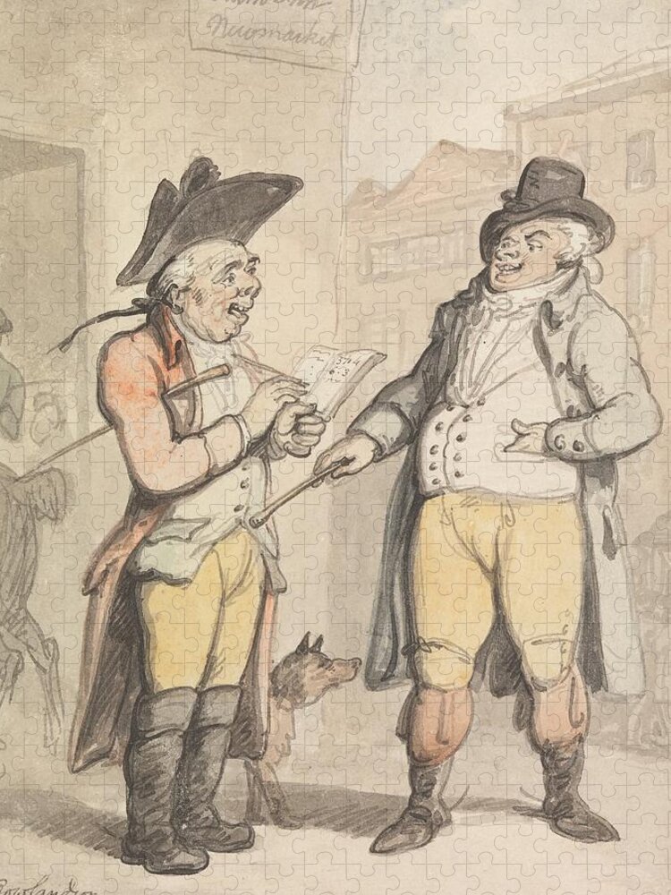 19th Century Art Jigsaw Puzzle featuring the drawing The Bookmaker and his Client outside the Ram Inn, Newmarket by Thomas Rowlandson