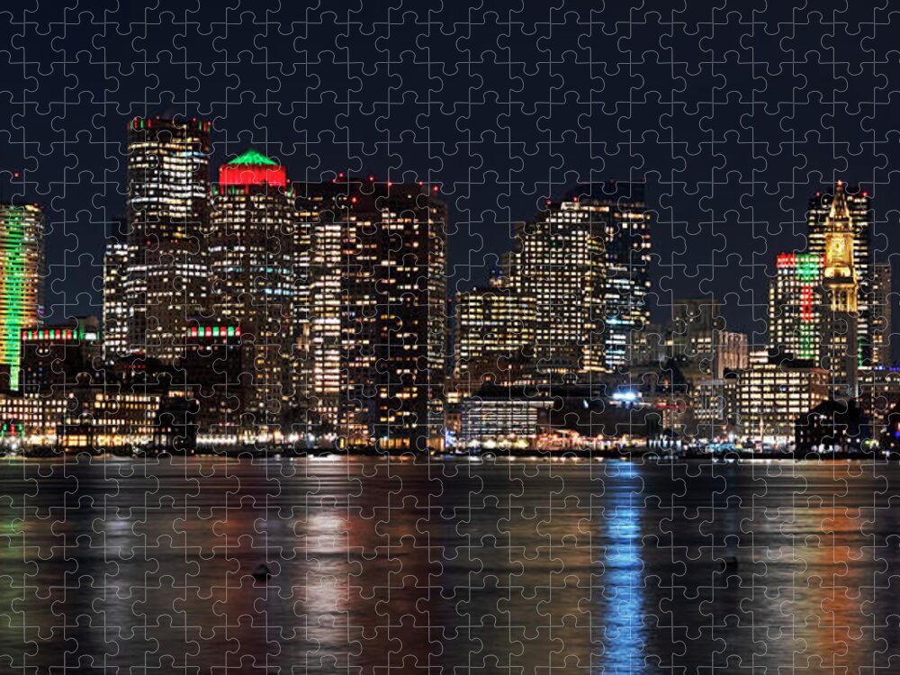 Boston Jigsaw Puzzle featuring the photograph The Boston Skyline lit up for Christmas Boston MA East Boston Panorama by Toby McGuire
