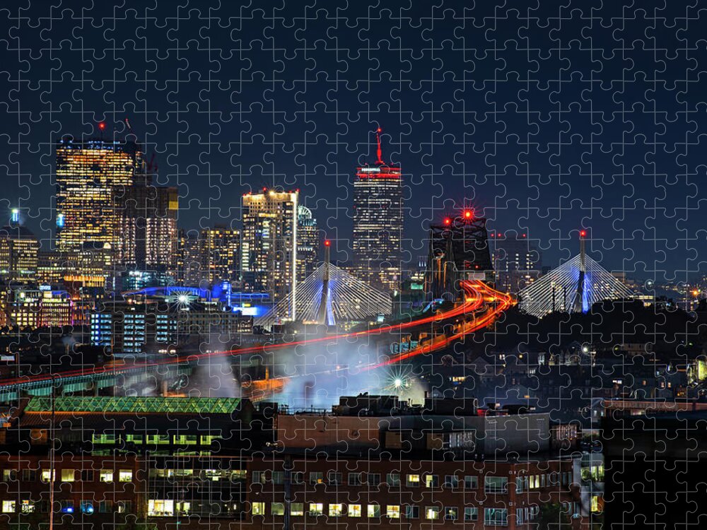 Boston Jigsaw Puzzle featuring the photograph The Boston Skyline lit up in Red Sox Colors Game 1 World Series 2018 by Toby McGuire