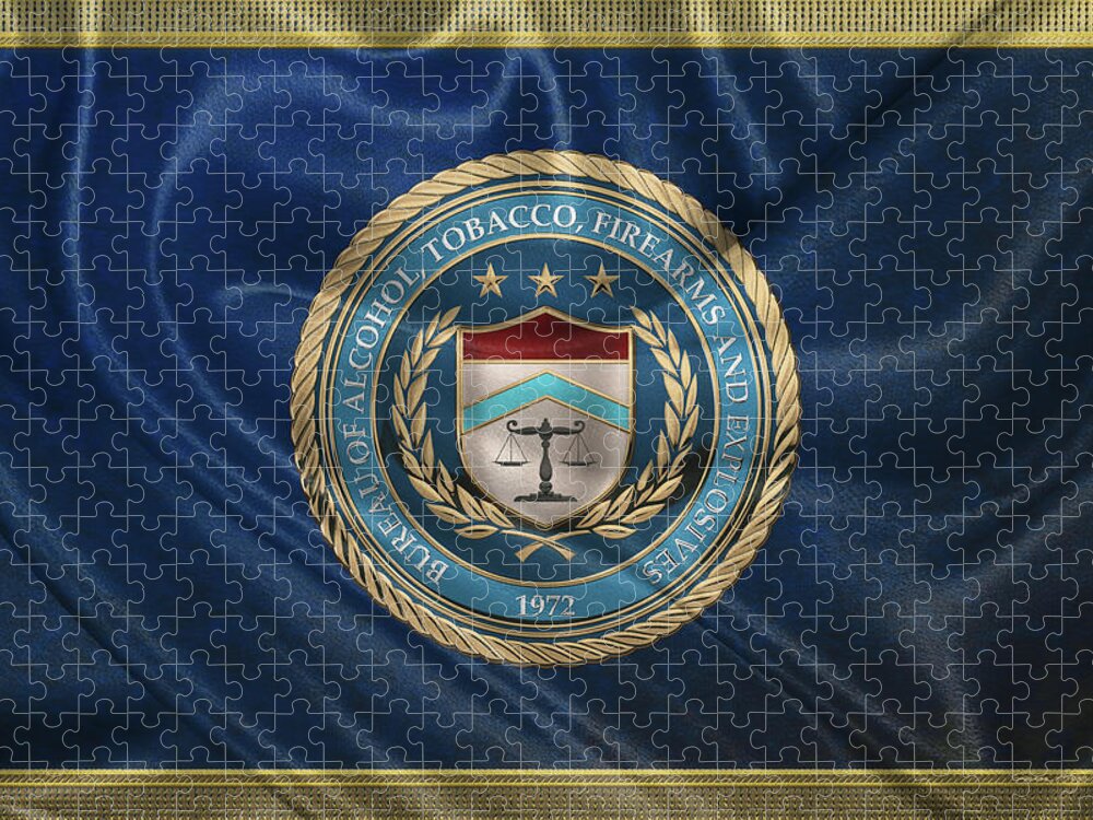  ‘law Enforcement Insignia & Heraldry’ Collection By Serge Averbukh Jigsaw Puzzle featuring the digital art The Bureau of Alcohol, Tobacco, Firearms and Explosives - A T F Seal over Flag by Serge Averbukh