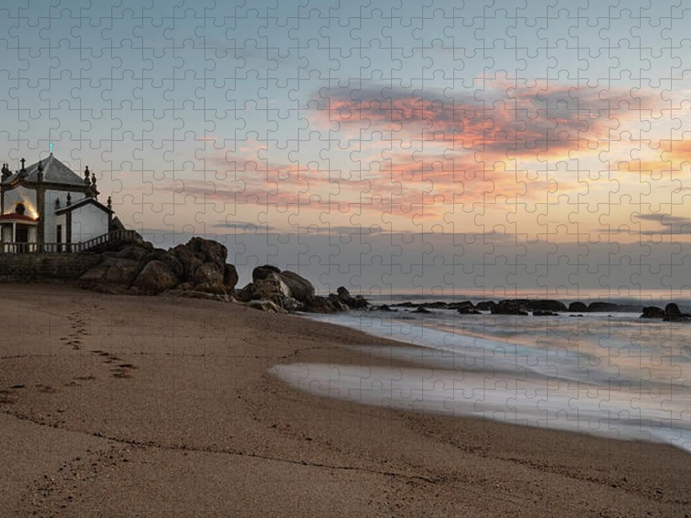 Seascape Jigsaw Puzzle featuring the photograph The Chapel of Senhor da Pedra, Porto Portugal by Michalakis Ppalis