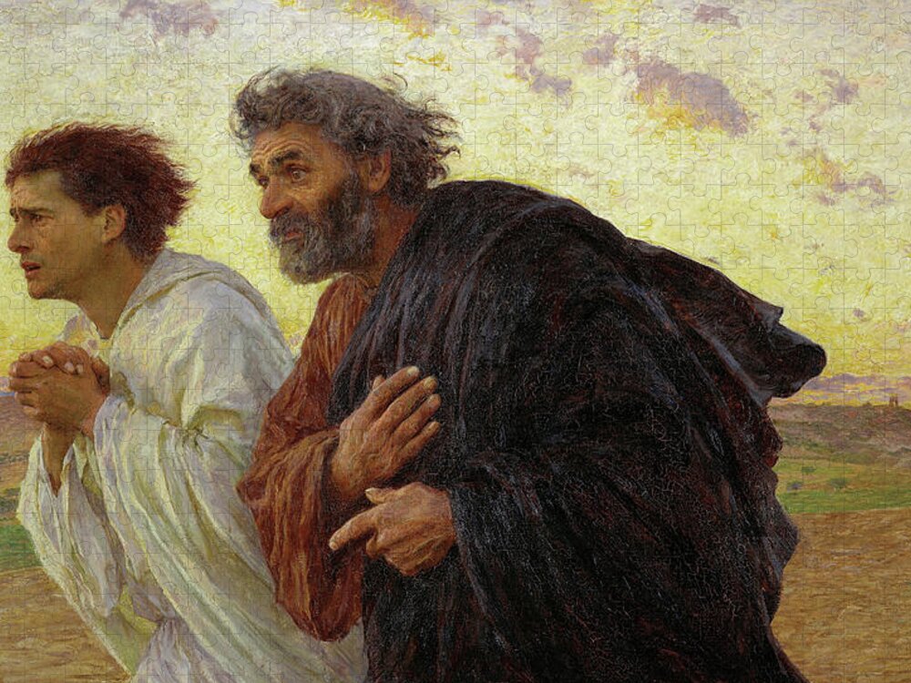 Eugene Burnand Jigsaw Puzzle featuring the painting The Disciples Peter and John running to the tomb on the morning of the Resurrection, 1898 by Eugene Burnand