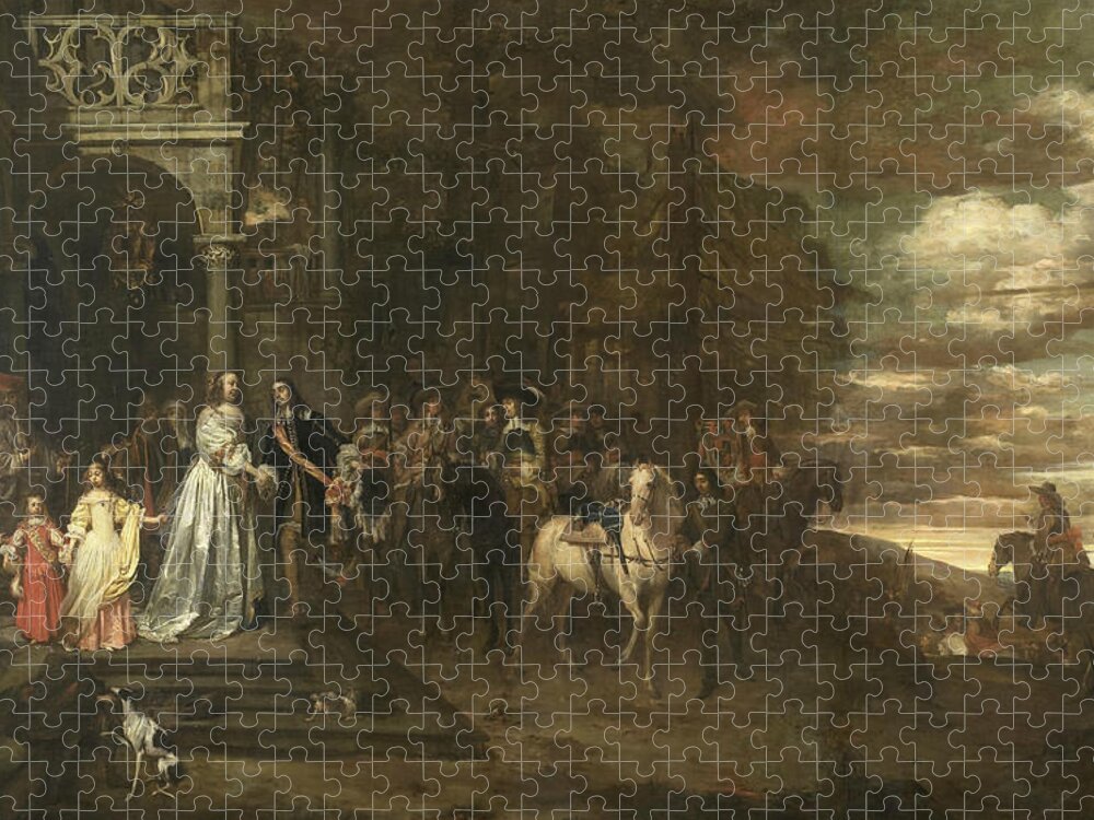 17th Century Art Jigsaw Puzzle featuring the painting The Farewell of Rhythm Master Hendrik de Sandra, Conducted by His Wife and Children by Pieter van Anraedt