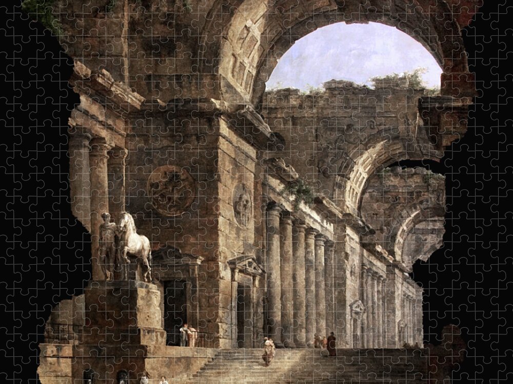 The Fountain Jigsaw Puzzle featuring the painting The Fountains by Hubert Robert by Rolando Burbon