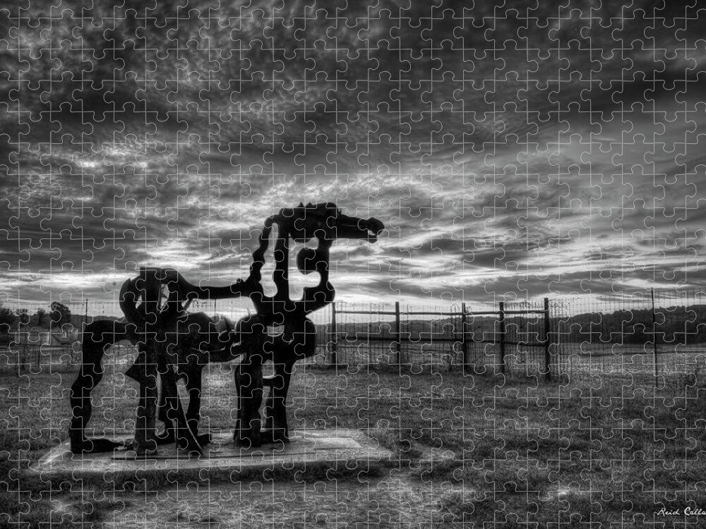 Reid Callaway The Iron Horse Sun Up Jigsaw Puzzle featuring the photograph The Iron Horse Sun Up 8 B W University of Georgia Iron Horse Farm Agriculture Landscape Art by Reid Callaway