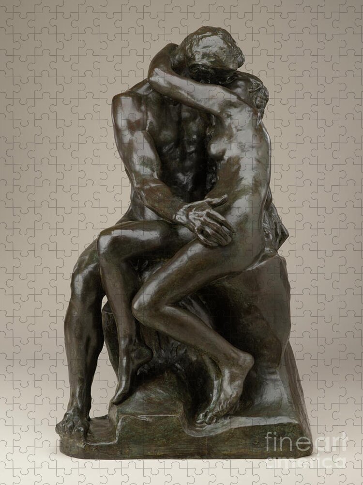 Kiss Jigsaw Puzzle featuring the sculpture The Kiss, Bronze By Rodin by Auguste Rodin