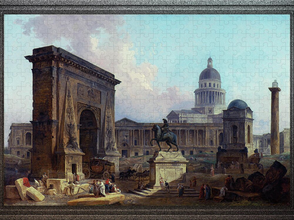 The Monuments Of Paris Jigsaw Puzzle featuring the painting The Monuments of Paris by Hubert Robert by Rolando Burbon
