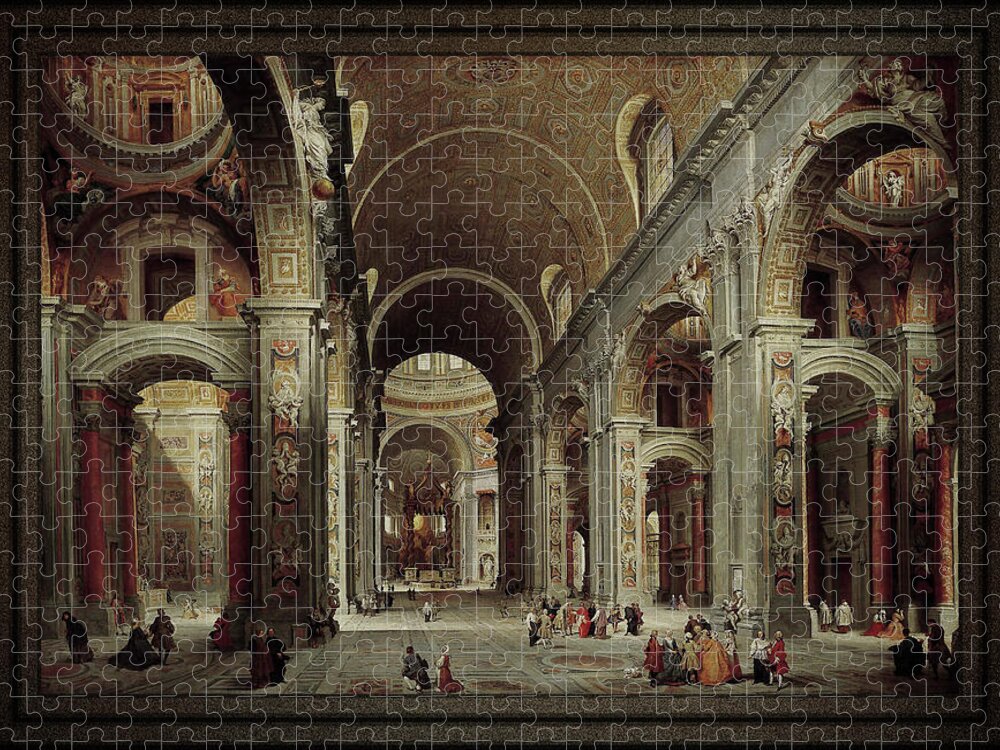 The Nave Of St. Peter's Basilica Jigsaw Puzzle featuring the painting The Nave of St Peter's Basilica in the Vatican c1735 by Giovanni Paolo Pannini by Rolando Burbon