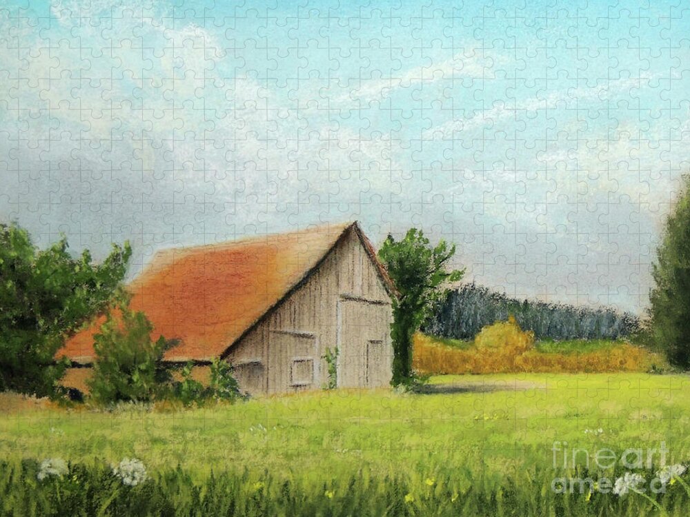 Old Barn Jigsaw Puzzle featuring the pastel The Old Barn in the Meadow by Jayne Wilson