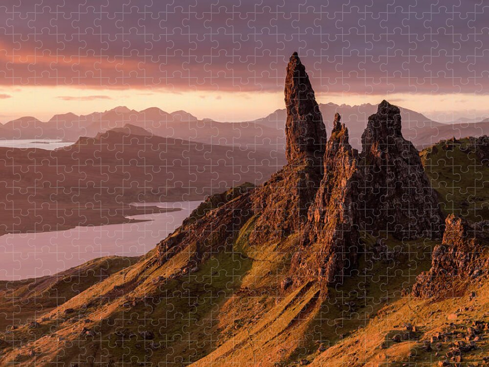 Morning Jigsaw Puzzle featuring the photograph The Old Man Of Storr At Sunrise, View Down To Loch Leathan by Ross Hoddinott / Naturepl.com