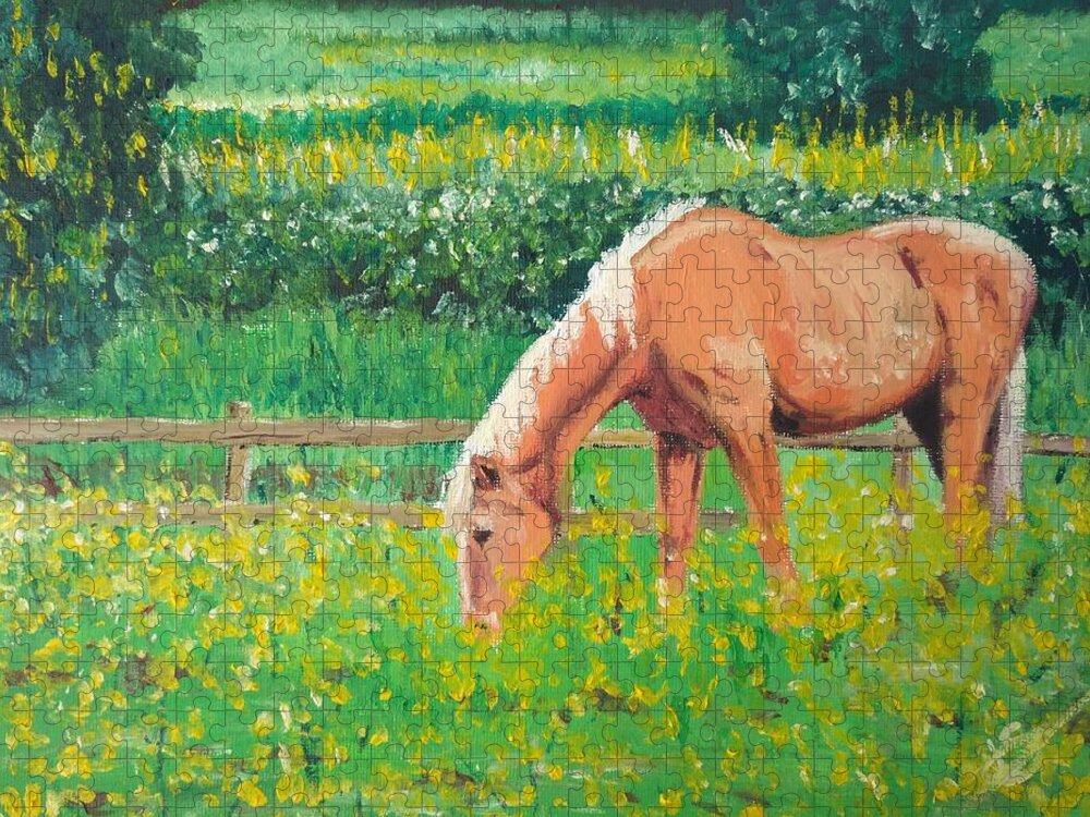 Buttercups Jigsaw Puzzle featuring the painting The Palomino and Buttercup Meadow by Abbie Shores