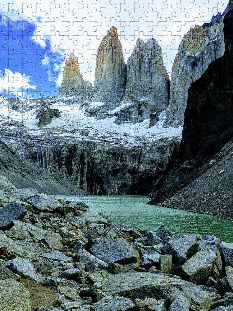 Torres Del Paine National Park Jigsaw Puzzle featuring the photograph The rugged windswept Towers over turquoise glacial water by Leslie Struxness
