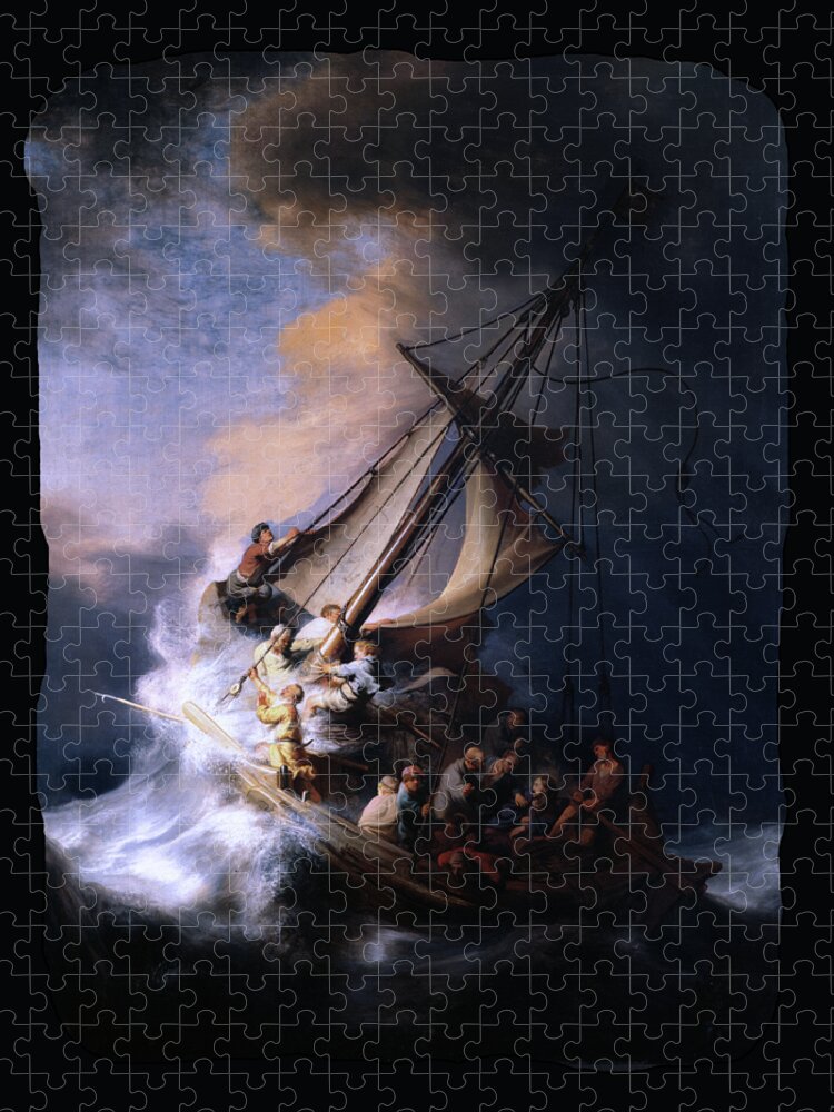 The Storm On The Sea Of Galilee Jigsaw Puzzle featuring the digital art The Storm on the Sea of Galilee by Rembrandt van Rijn by Xzendor7