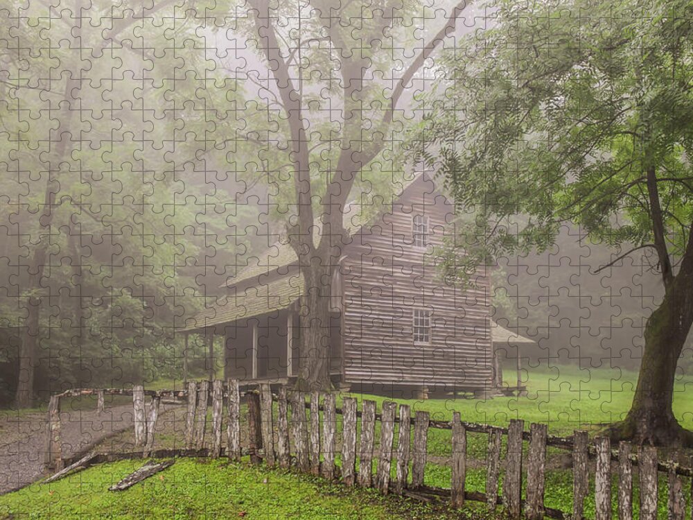 Cades Cove Jigsaw Puzzle featuring the photograph The Tipton Place on a Foggy Morning by Marcy Wielfaert