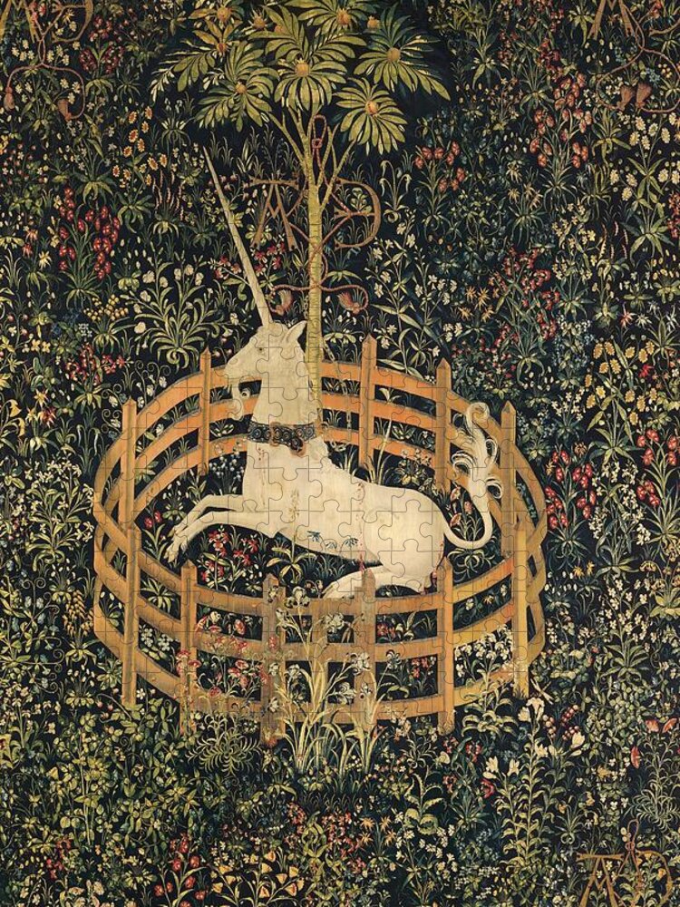 The Unicorn In Captivity Jigsaw Puzzle featuring the painting The Unicorn In Captivity by Vintage Art