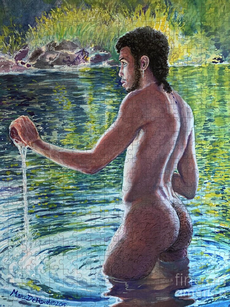 Male Nude Jigsaw Puzzle featuring the painting The Water Ritual by Marc DeBauch