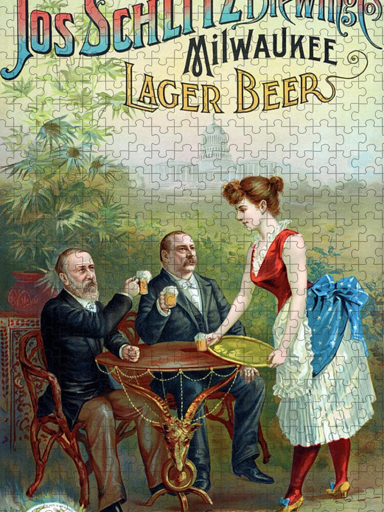 Beer Jigsaw Puzzle featuring the painting The whole nation enjoys Jos Schlitz Brewing Cos' Milwaukee lager beer by Unknown